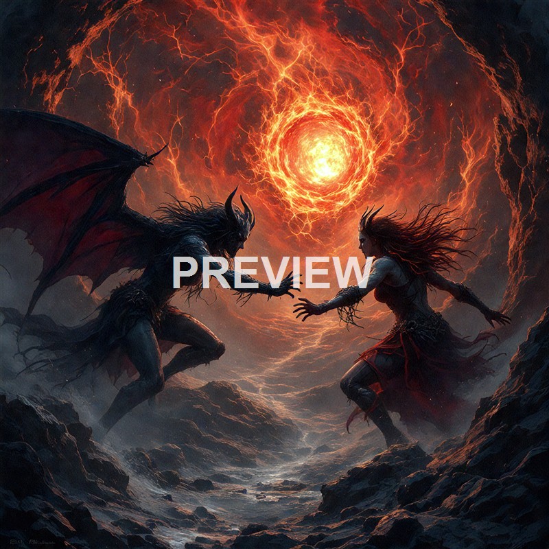 Two dark, demonic figures with wings and horns reaching out to each other in a desolate, rocky landscape under a swirling, fiery sky with a bright, explosive sun.